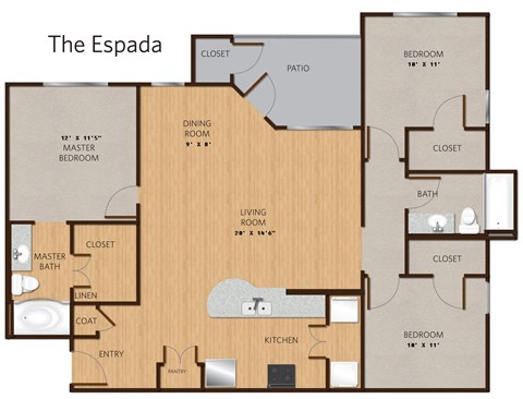 Floor plan for 3 beds, 2 baths, 1252 sqft